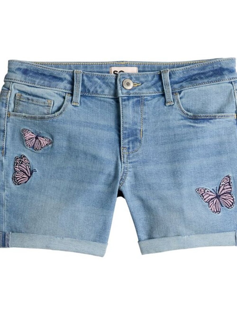 Big Girl's SO Midrise Denim Midi Shorts - Med. Wash with Butterflies - 20+ - NWT